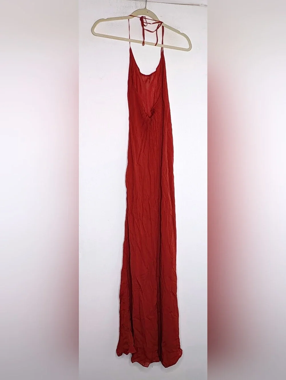 SKIMS SHEER COVER-UP LONG HALTER DRESS IN AUBURN